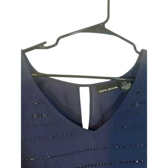 DKNY Navy Blue Short Sleeve V-Neck Jeweled Front Sparkle Women Sz XL - Picture 5 of 9
